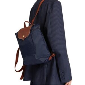 New Longchamp Le Pliage Folding Original M Backpack Navy Blue / Brown Leather